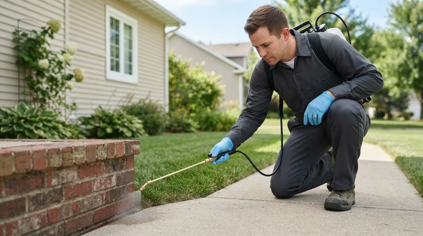 Pest control technician treating a home near Denham Springs, LA